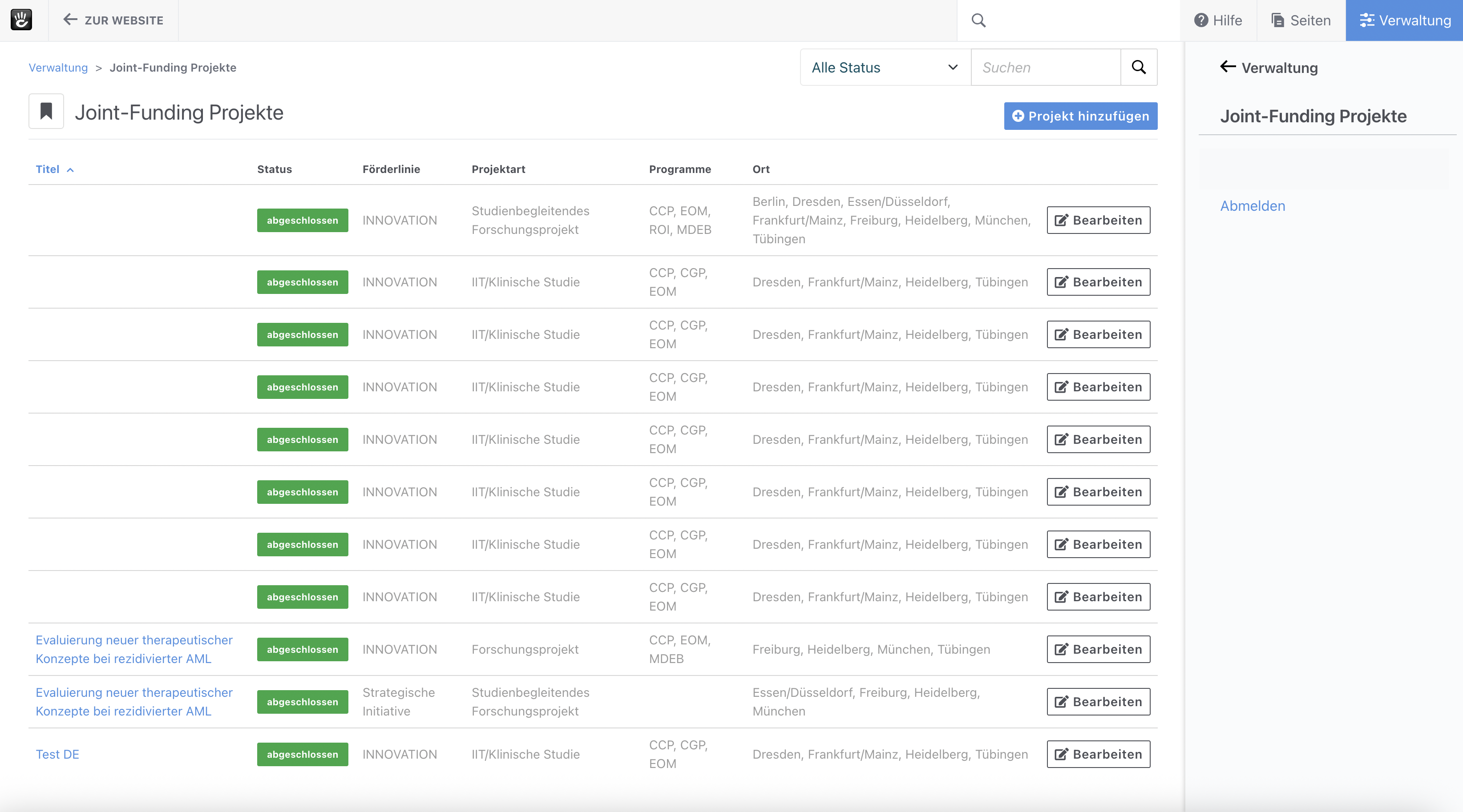 Die Verwaltung der Joint-Funding-Projekte im ConcreteCMS-Dashboard. Individuelle Joint-Funding-Verwaltung im ConcreteCMS-Dashboard mit Status, Förderlinie, Projektart und Bearbeitungsaktionen.