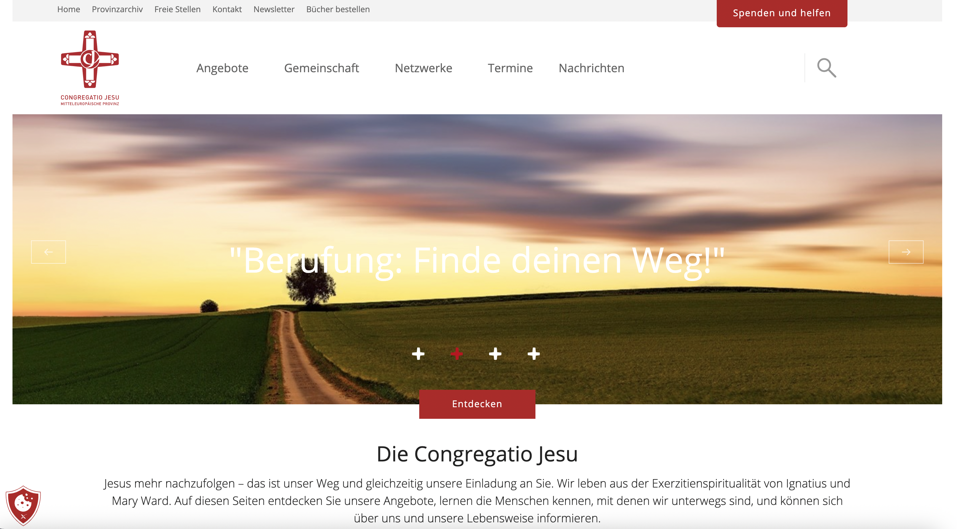 Der Webauftritt der Congregatio Jesu: eigenständige Gestaltung, großformatige Bilder und klare Zugänge zu den Inhalten. Startseite der Congregatio Jesu mit Hauptnavigation und großem Landschaftsbild.