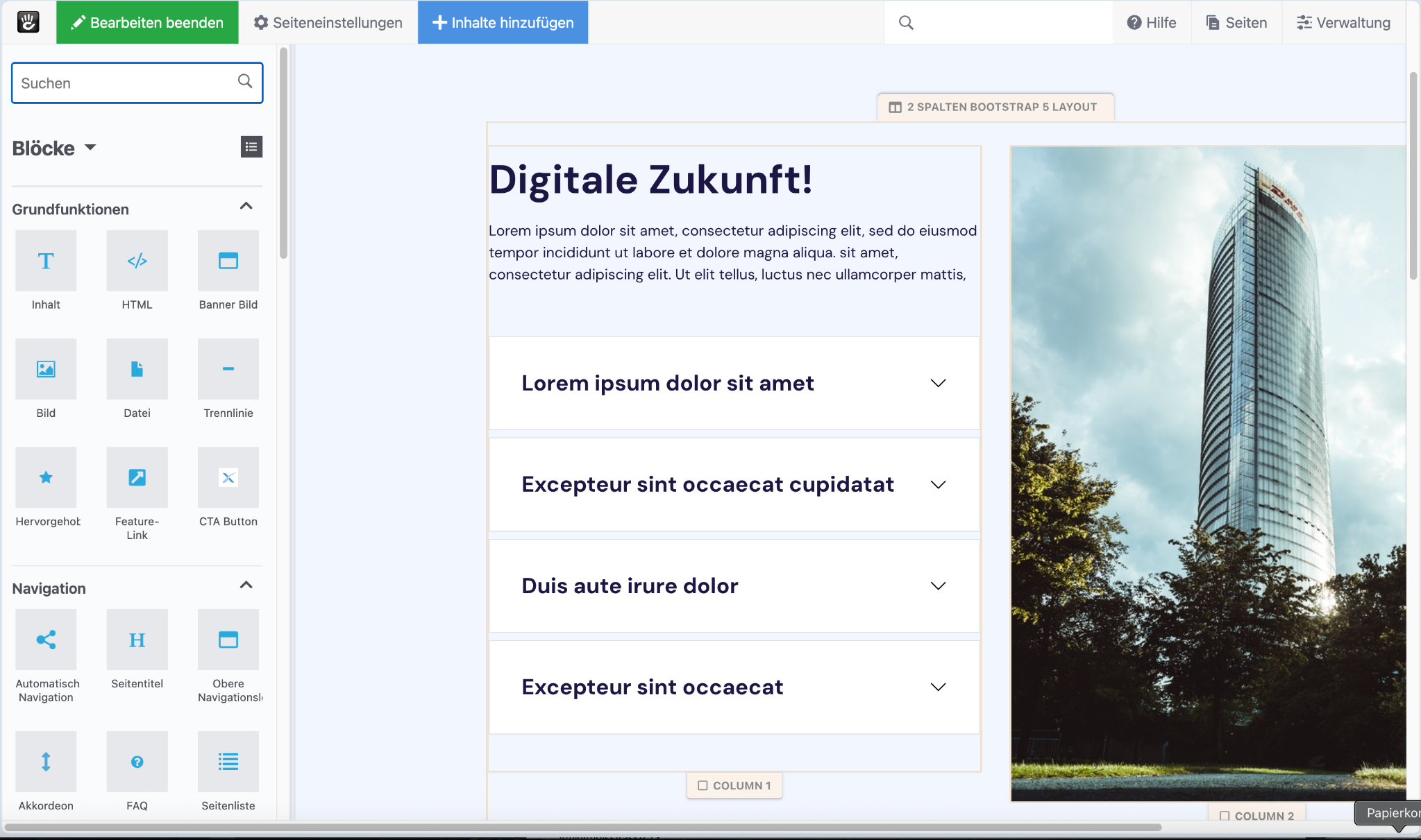 ConcreteCMS-Blockauswahl: Inhalt, HTML, Bild, Datei und CTA Button