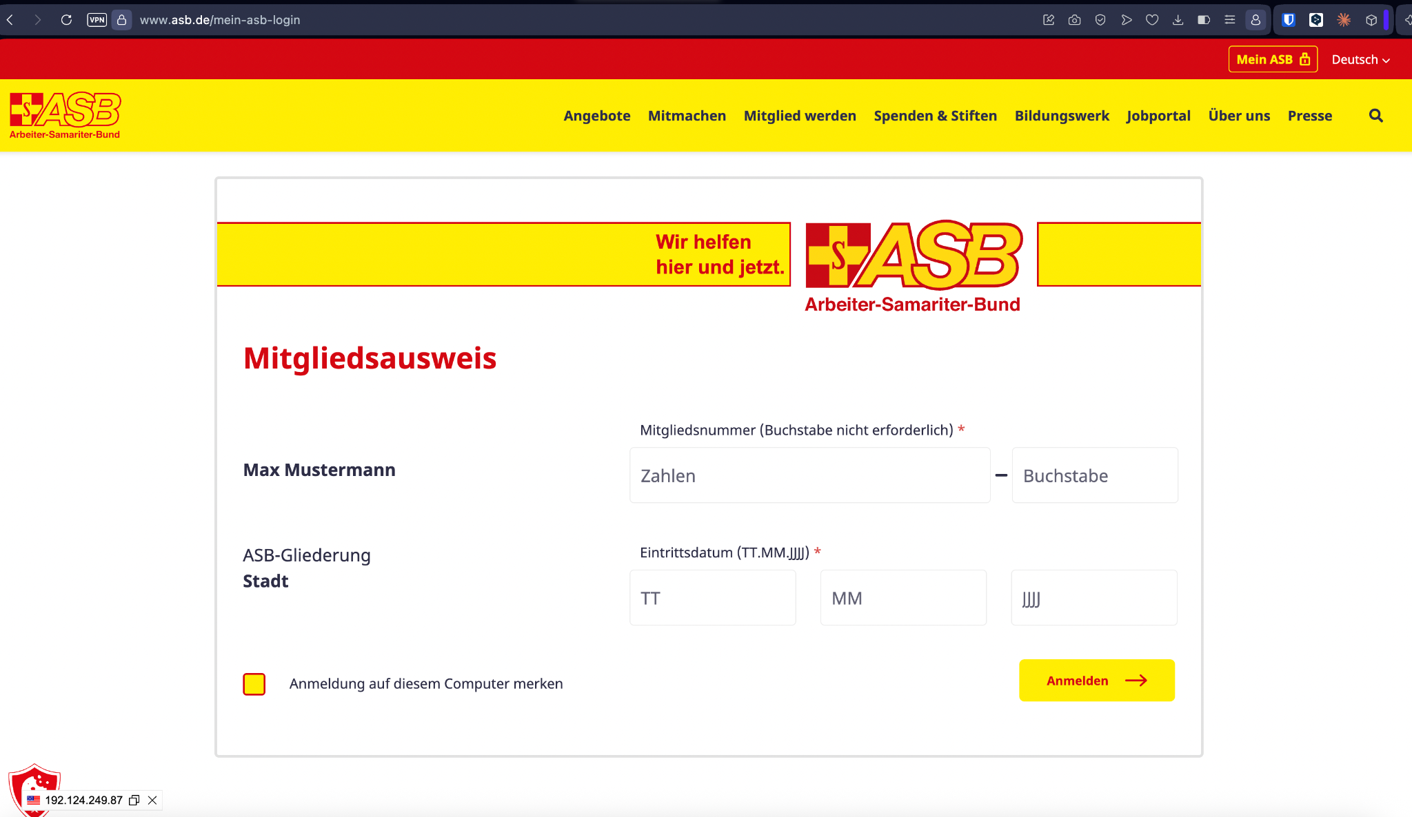Die Anmeldeseite zum Mitgliederbereich „Mein ASB“.