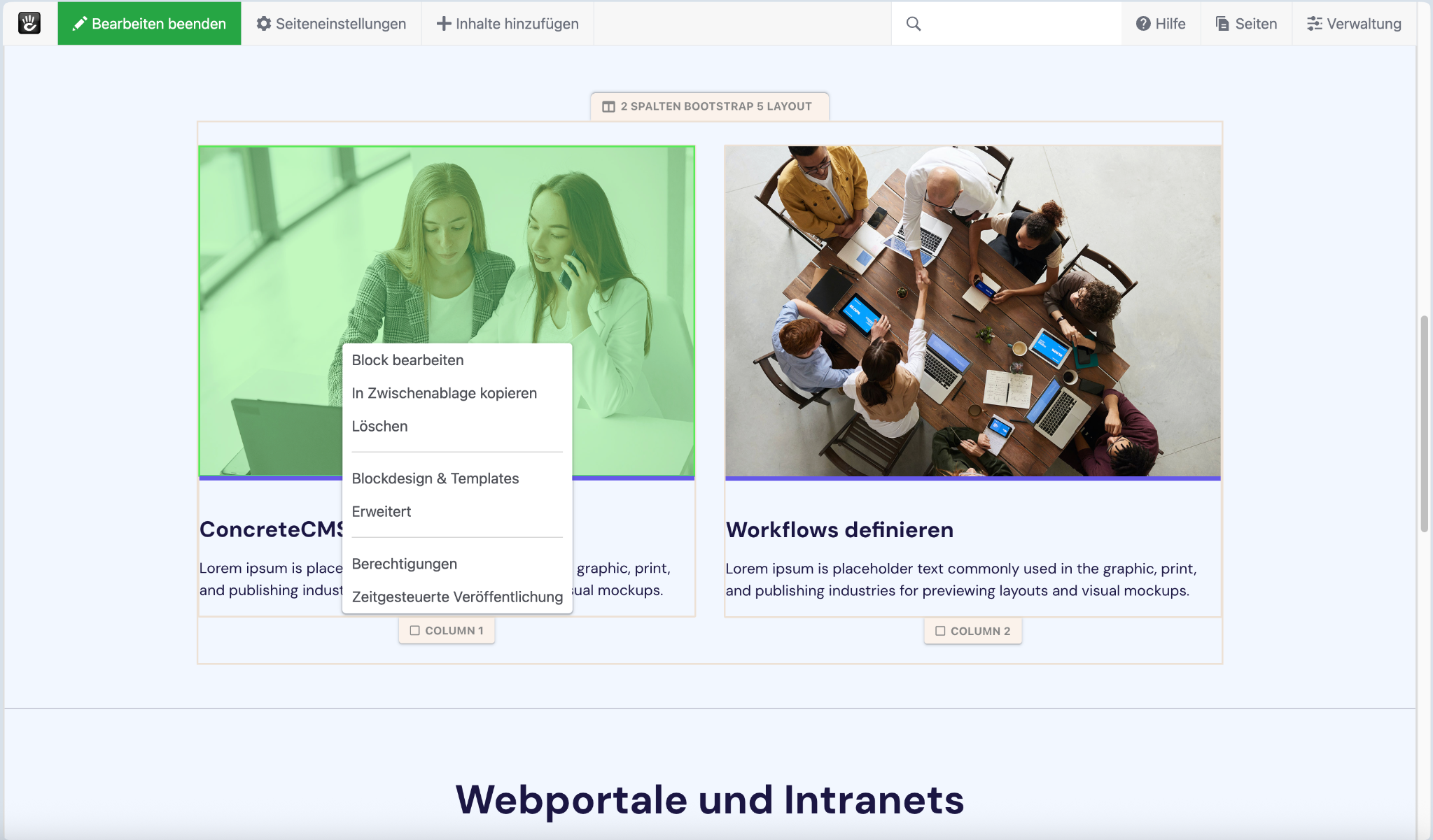 ConcreteCMS-Kontextmenü eines Blocks mit Design, Templates und Berechtigungen