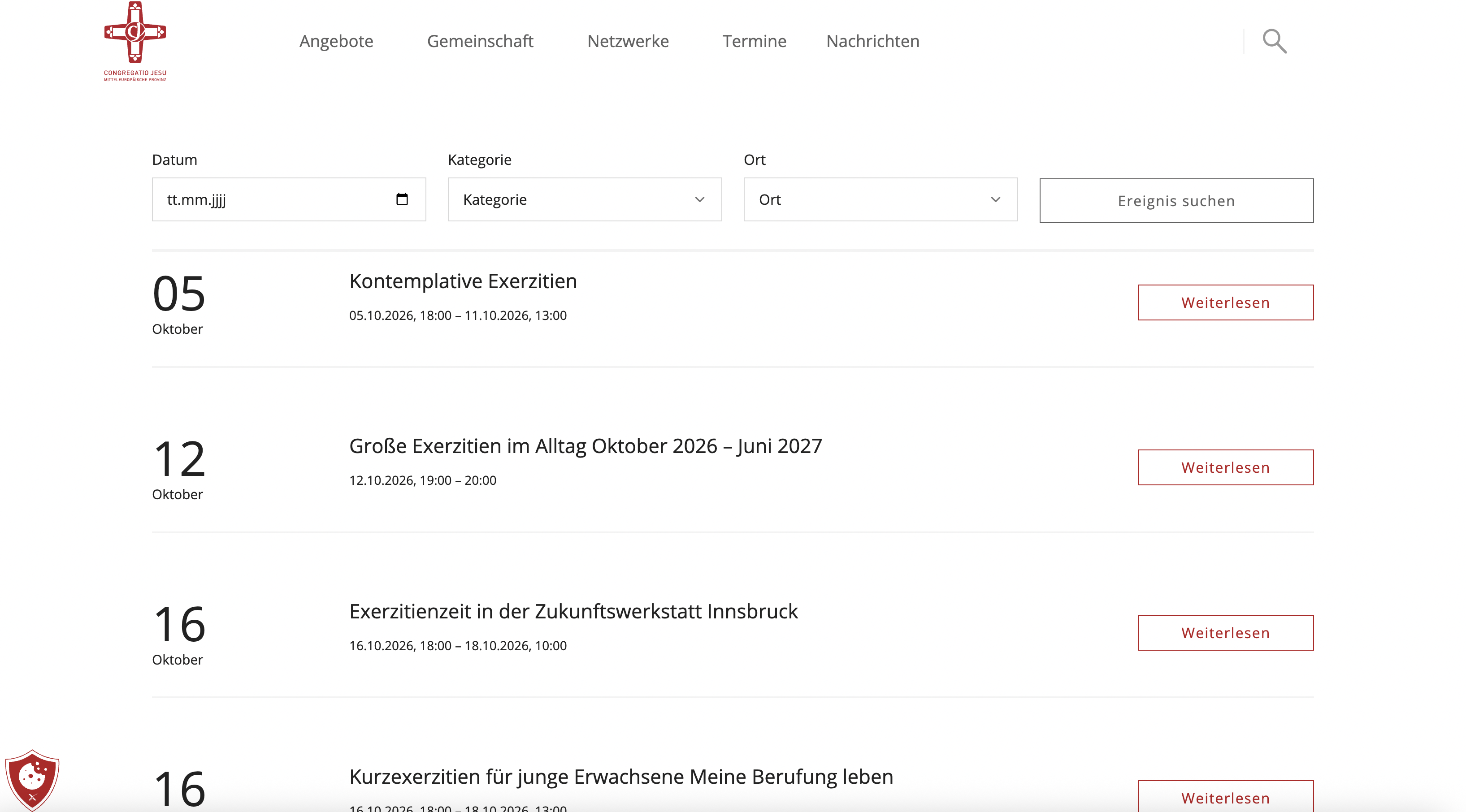 Veranstaltungen und Exerzitien mit Datum, Zeitraum und gezielten Filtermöglichkeiten. Veranstaltungsübersicht mit Filtern nach Datum, Kategorie und Ort sowie Terminen mit Zeitraum.