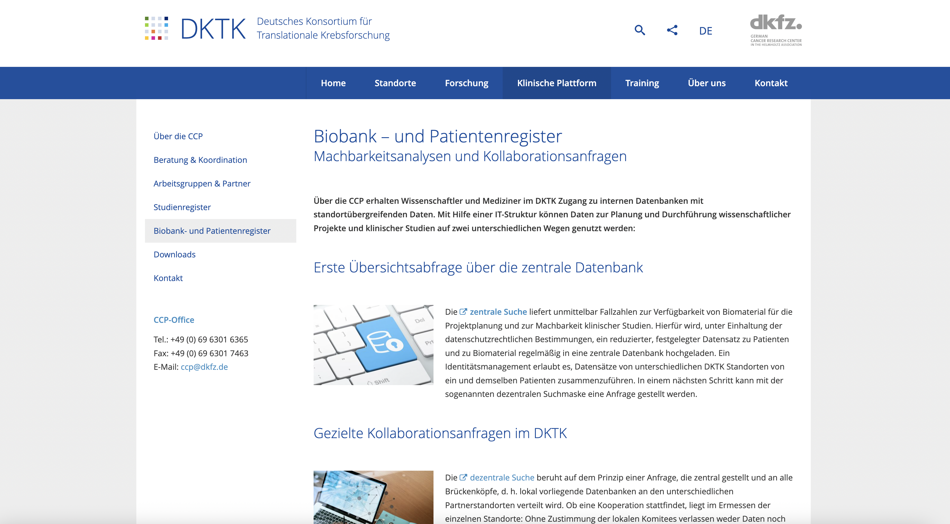 Wissenschaftliche Themen auf der DKTK-Website: gegliederte Inhalte und klare Navigation. DKTK-Website mit Navigation und der Informationsseite zu Biobank- und Patientenregister.