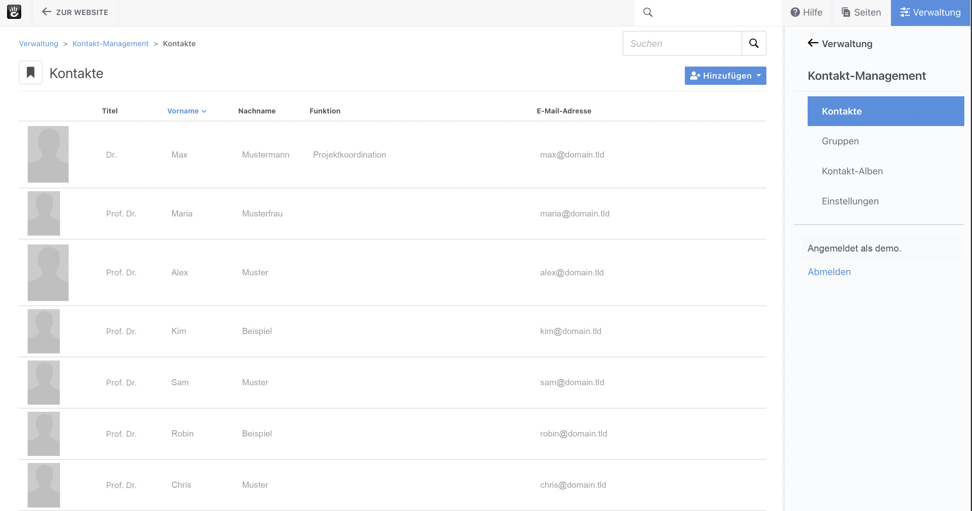 Individuelles Kontakt-Management im ConcreteCMS-Dashboard. Demoansicht mit fiktiven Kontaktdaten und neutralen Personenbildern. Demoansicht der Kontaktverwaltung mit neutralen Personen-Icons, fiktiven Namen und E-Mail-Adressen.