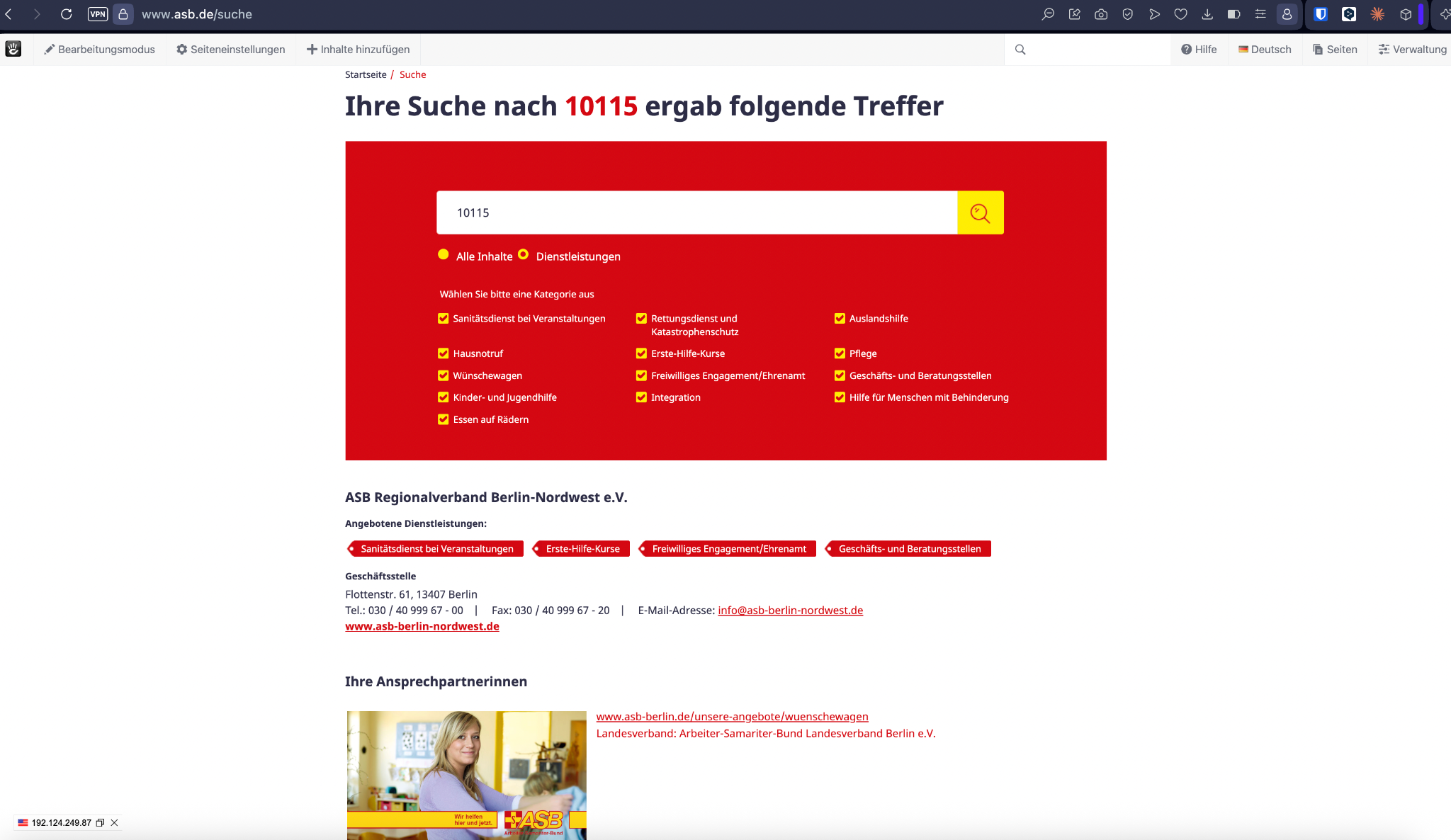 Zentrale Suche: Postleitzahl, Dienstleistungskategorien und regionale Treffer.