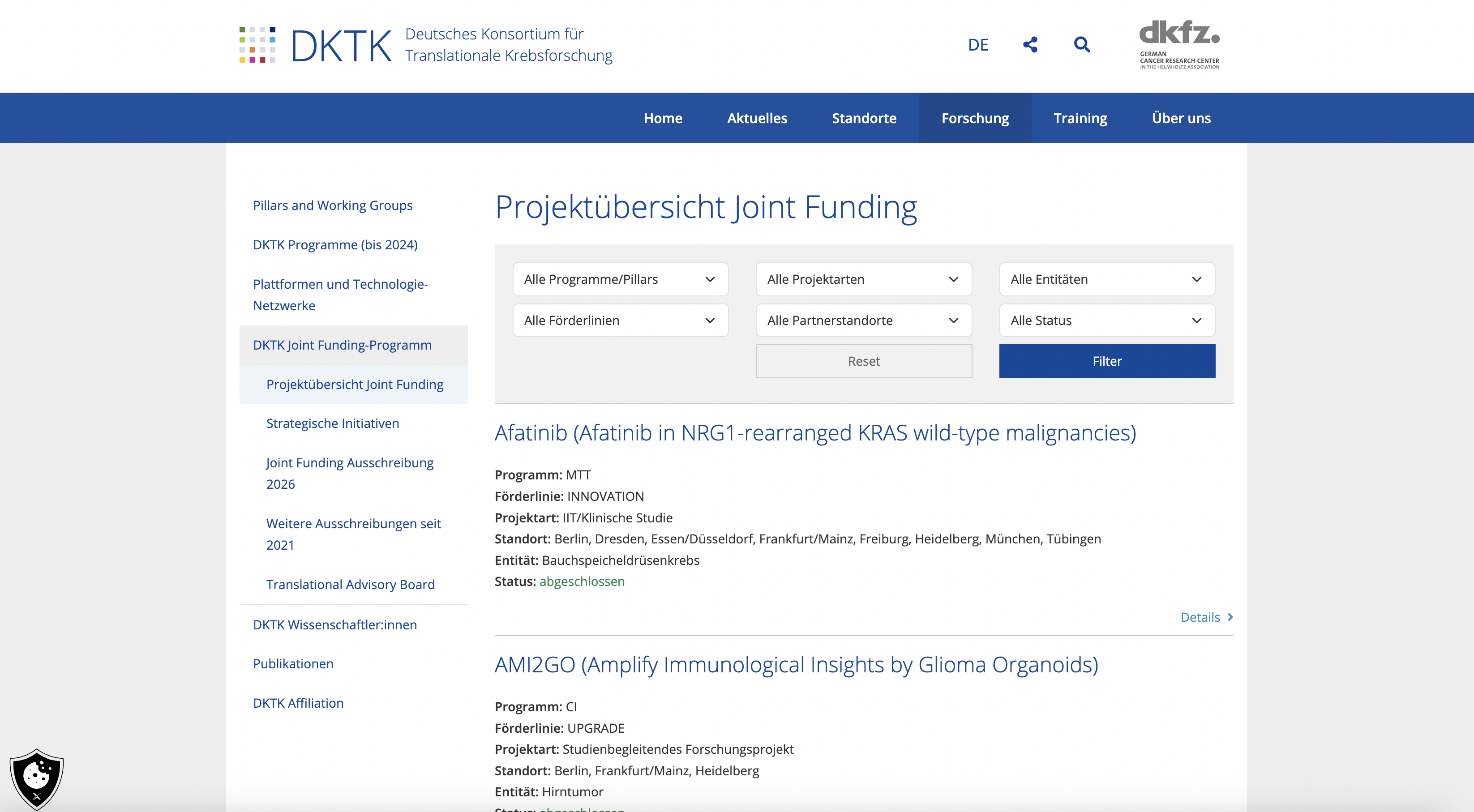 Die zugehörige Website-Ansicht macht die Forschungsprojekte anhand mehrerer Kriterien auffindbar. Öffentliche Joint-Funding-Projektübersicht mit sechs Filterkriterien und strukturierten Projektergebnissen.
