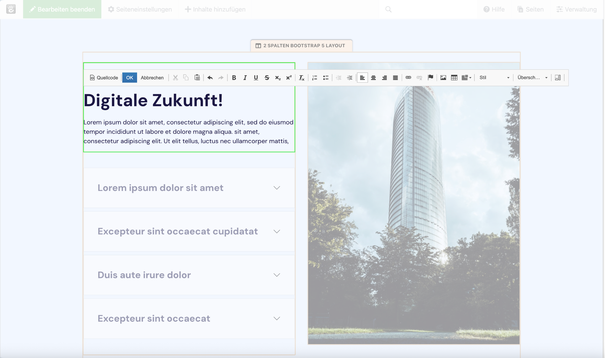 Echter ConcreteCMS-Screenshot: aktive Inline-Textbearbeitung im Seitenlayout