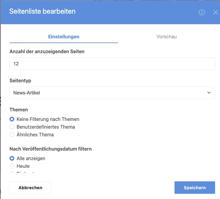 Seitenlisten-Dialog mit Anzahl, Seitentyp und Filtern