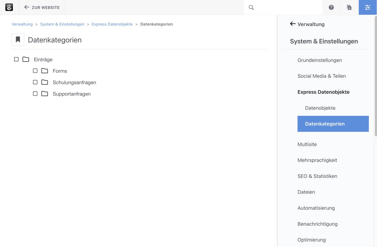Datenkategorien für Express-Formulare und eigene Datenobjekte